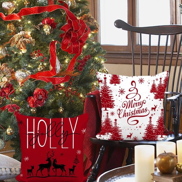 🆕 Christmas Pillow Covers Farmhouse Decorations Happy Holidays Holly Jolly Sofa - Picture 5 of 6